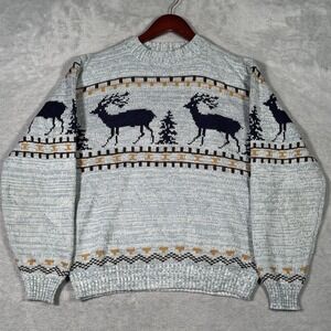 Vintage Cascade Sweater Mens M Blue Acrylic Reindeer Fair Isle Christmas Knit